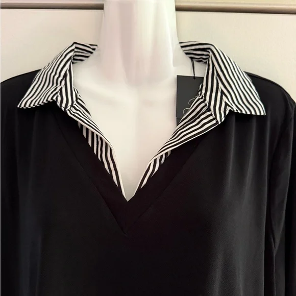 Adrianna Papell Black White Layered V-Neck Tunic with Striped Collar XL - Picture 4 of 13